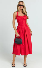 Marikris Midi Dress - Ruched Bust Halter Neck Dress in Red