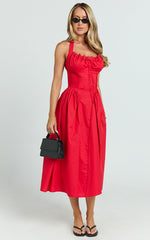 Marikris Midi Dress - Ruched Bust Halter Neck Dress in Red