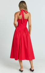 Marikris Midi Dress - Ruched Bust Halter Neck Dress in Red