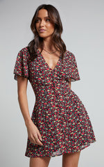 Maximum Potential Mini Dress - Button Up Dress in Black Floral