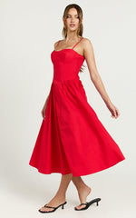 Mhissa Midi Dress - Sweetheart Neck Fit & Flare Dress in Red