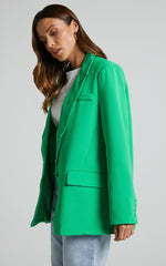 Michelle Blazer - Oversized Plunge Neck Button Up Blazer in Green
