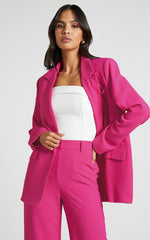 Michelle Blazer - Oversized Plunge Neck Button Up Blazer in Pink