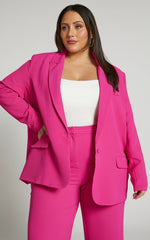 Michelle Blazer - Oversized Plunge Neck Button Up Blazer in Pink