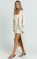 Mikey Trench Coat - Longline Double Breasted Trench Coat in Sand