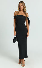 Moira Midi Dress - Off The Shoulder Knot Detailing Dress in Black