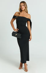 Moira Midi Dress - Off The Shoulder Knot Detailing Dress in Black