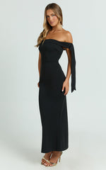 Moira Midi Dress - Off The Shoulder Knot Detailing Dress in Black