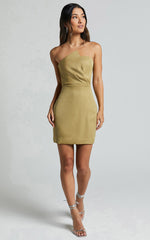 Myla Mini Dress - Strapless Draped Fitted Dress in Olive