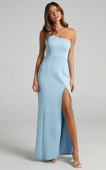 No Ones Fault Midi Dress - One Shoulder Thigh Split Dress in Light Blue