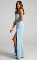 No Ones Fault Midi Dress - One Shoulder Thigh Split Dress in Light Blue