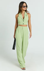 Nellis Two Piece Set - Linen Look Halter Vest and High Waisted Pants Set in Light Green