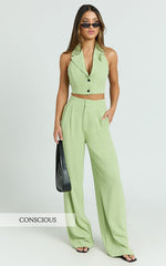 Nellis Two Piece Set - Linen Look Halter Vest and High Waisted Pants Set in Light Green