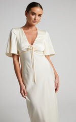 Nicholla Midi Dress - Ruched Front Angel Sleeve Slip Dress in Champagne