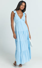Nicollee Midi Linen Blend Dress - Plunge Neck Sleeveless Tiered Dress in Blue