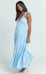 Nicollee Midi Linen Blend Dress - Plunge Neck Sleeveless Tiered Dress in Blue