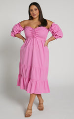 Nikka Midi Linen Blend Dress - Shirred Off Shoulder Puff Sleeve Dress in Pink