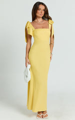 Nora Midi Dress - Sweetheart Tie Shoulder Bias Cut Dress in Lemon