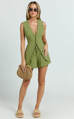 Olivia Top - Longline Linen V Neck Back Tie Vest Top in Sage