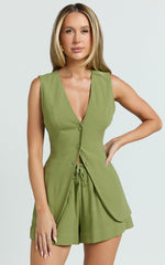 Olivia Top - Longline Linen V Neck Back Tie Vest Top in Sage
