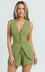 Olivia Top - Longline Linen V Neck Back Tie Vest Top in Sage
