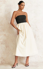 Alvana Midi Dress - Strapless Shift Dress in Black/Beige