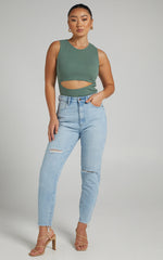 Malvina Bodysuit - Cut Out Ribbed Bodysuit in Khaki