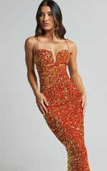 Rayner Midi Dress - V Bar Sequin Bodycon Dress in Copper