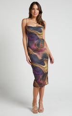 Rhaine Midi Dress - Cowl Bodycon Dress in Regal Swirl
