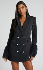 Rhaiza Mini Dress - Faux Feather Trim Double Breasted Blazer Dress in Black