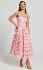 Rheiva Midi Dress - Strapless 3D Embroidery Midi Dress in Soft Pink