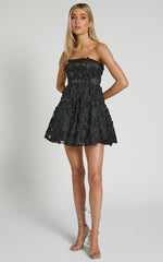 Rheiva Mini Dress - Strapless 3D Embroidery Dress in Black