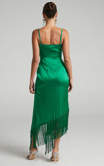 Rholie Midi Dress - Plunge Neck Fringe Hem Fixed Wrap Dress in Emerald