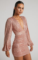 Rhylee Mini Dress - Long Sleeve Ruched Dress in Rose Gold