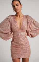 Rhylee Mini Dress - Long Sleeve Ruched Dress in Rose Gold