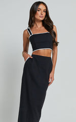Rita Two Piece Set - Linen Contrast Crop Top and Pencil Midi Skirt Set in Black