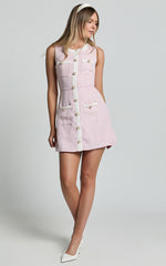 River Mini Dress - Boucle Button Through A Line Dress with Hardware Detail in Light Pink