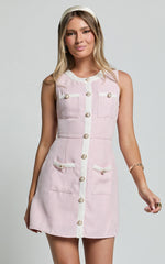 River Mini Dress - Boucle Button Through A Line Dress with Hardware Detail in Light Pink