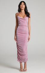 Roma Midi Dress - Ruched Cowl Neck Dress in Pink Lurex