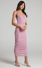 Roma Midi Dress - Ruched Cowl Neck Dress in Pink Lurex