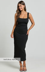 Sarina Midi Dress - Ribbed Scoop Neck Dress in Black