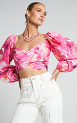 Shairah Top - Long Sleeve Tie Back Wrap Crop Top in Sunset Rainbows