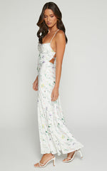 Shierina Midi Linen Blend Dress - Sweetheart Neck Line Sleeveless Dress in White Floral