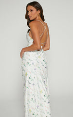 Shierina Midi Linen Blend Dress - Sweetheart Neck Line Sleeveless Dress in White Floral