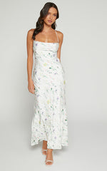 Shierina Midi Linen Blend Dress - Sweetheart Neck Line Sleeveless Dress in White Floral