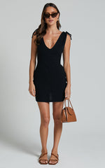 Shykie Mini Linen Blend Dress - Deep V Neck Adjustable Sleeveless Dress in Black