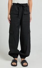 Simpson Pants - Linen Tie Waist Pocket Detail Cargo Pants in Black