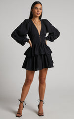 Suki Mini Dress - Plunge Neck Balloon Sleeve Tiered Ruffle Dress in Black
