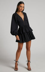 Suki Mini Dress - Plunge Neck Balloon Sleeve Tiered Ruffle Dress in Black