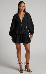 Suki Mini Dress - Plunge Neck Balloon Sleeve Tiered Ruffle Dress in Black